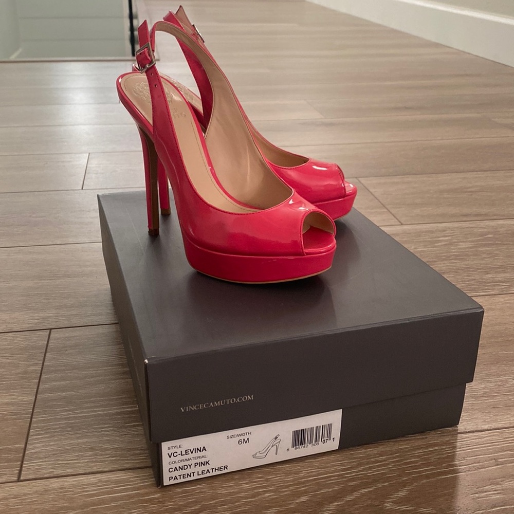 Used Vince Camuto patent leather in candy pink heels, size 6